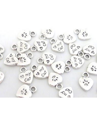 Pendentif petit coeur thème chat en métal argenté