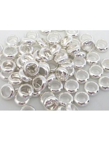 50 Perles rondelle fine 6,2mm à gros trou 3,9mm en métal argenté brillant blanc lisse