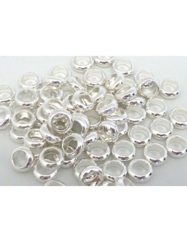 50 Perles rondelle fine 6,2mm à gros trou 3,9mm en métal argenté brillant blanc lisse