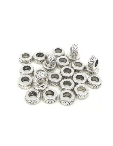 Perles rondelle fine 8,2mm à gros trou 4,5mm en métal argenté gravé motif frise