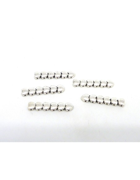 5 Perles coeurs intercalaire 6 rangs 31,9mm en métal argenté