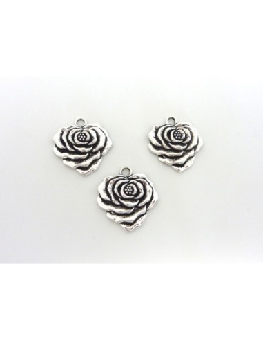 Pendentifs, breloque fleur rose 24,8mm en métal argenté