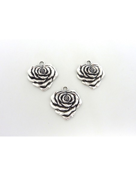Pendentifs, breloque fleur rose 24,8mm en métal argenté