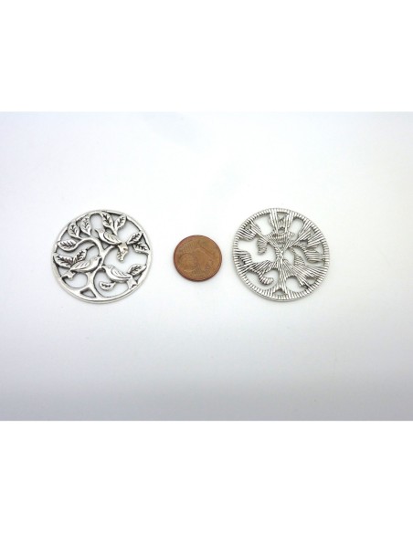 3 Pendentifs connecteur 33mm arbre et oiseaux en métal argenté