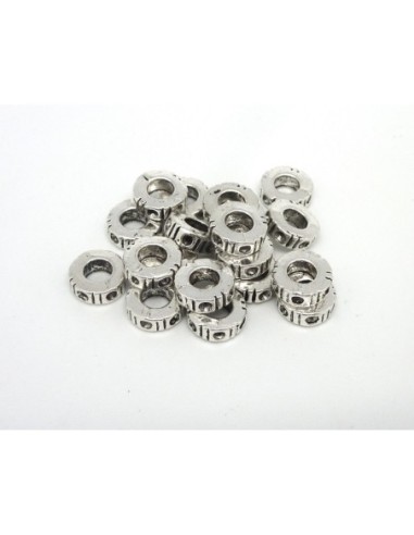 R-10 Perles rondelle 10,2mm à gros trou 5mm en métal argenté gravé motif point et trait