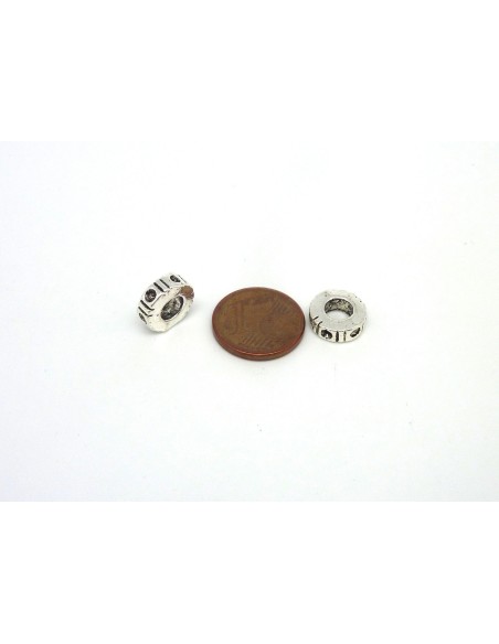 R-10 Perles rondelle 10,2mm à gros trou 5mm en métal argenté gravé motif point et trait