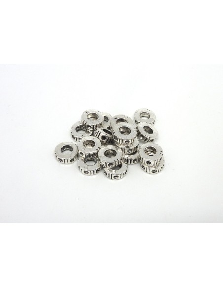 R-10 Perles rondelle 10,2mm à gros trou 5mm en métal argenté gravé motif point et trait