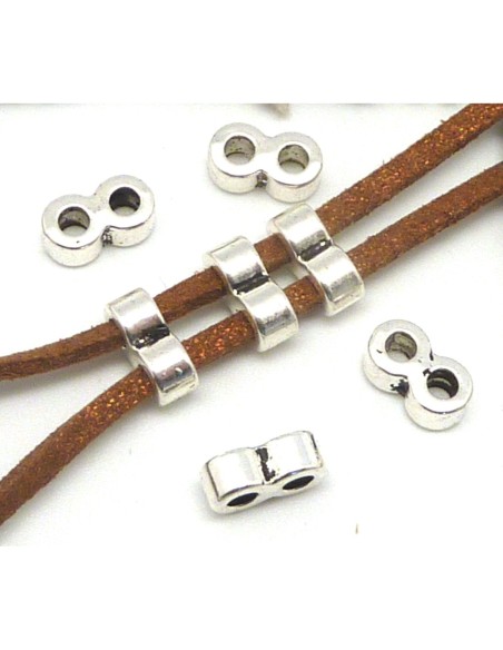 perle métal argenté 2 trous pour cordon de 2,5mm