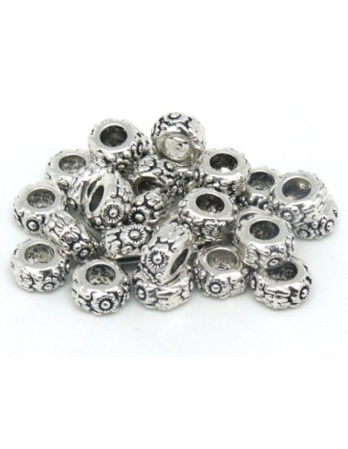 5 Perles intercalaire 11,2mm à gros trou 5,5mm en métal argenté gravé de fleurs