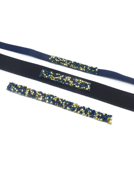 1 bande de 1cm de large sur 11cm de long de strass thermocollant caviar de couleur bleu et doré pâle bronze