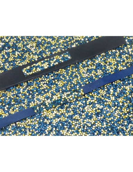 1 bande de 1cm de large sur 11cm de long de strass thermocollant caviar de couleur bleu et doré pâle bronze