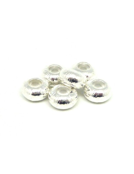 5 Perles rondes applaties 10,5mm en métal argenté strié  à gros trou 4,7mm