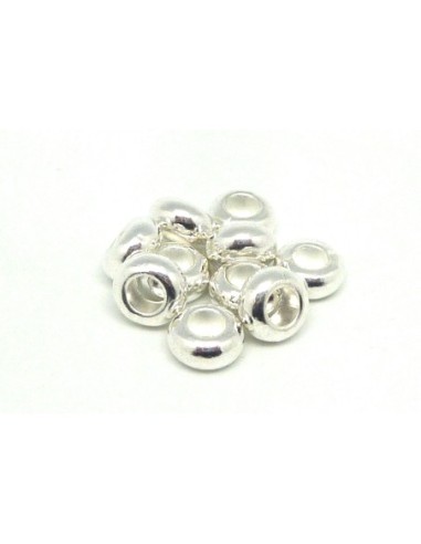 5 Perles rondes applaties 10mm en métal argenté lisse  à gros trou 5,2mm