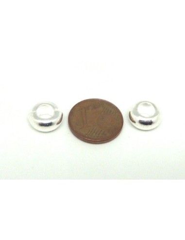 5 Perles rondes applaties 10mm en métal argenté lisse  à gros trou 5,2mm