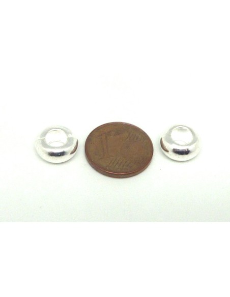 5 Perles rondes applaties 10mm en métal argenté lisse  à gros trou 5,2mm