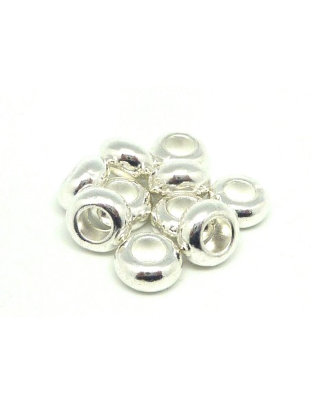 5 Perles rondes applaties 10mm en métal argenté lisse  à gros trou 5,2mm