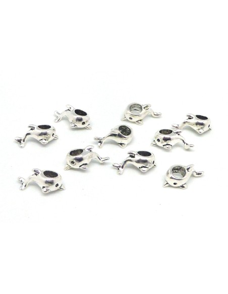 10 Perles en métal argenté à gros trou dauphin