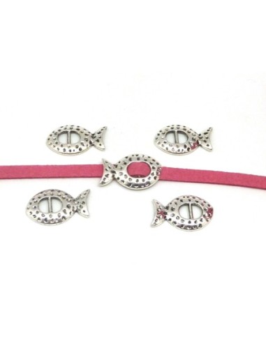 5 Perles passant boucle poisson pour lanière de 5mm en métal argenté