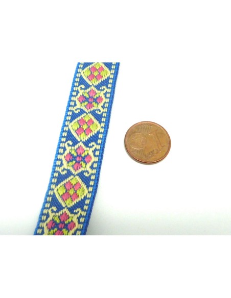 Ruban ethnique tissé 16mm style aztèque fond bleu mercerie