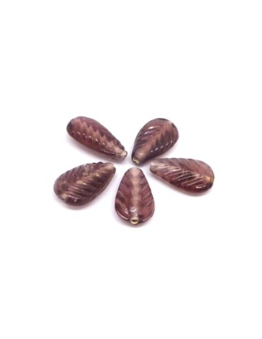 R-5 perles en verre motif feuille de couleur vieux rose, mauve 2,2cm