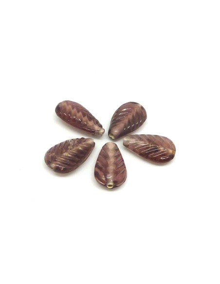 R-5 perles en verre motif feuille de couleur vieux rose, mauve 2,2cm