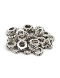 10 Perles rondelle 10,5mm à gros trou 5,9mm en métal argenté gravé de fleurs 2