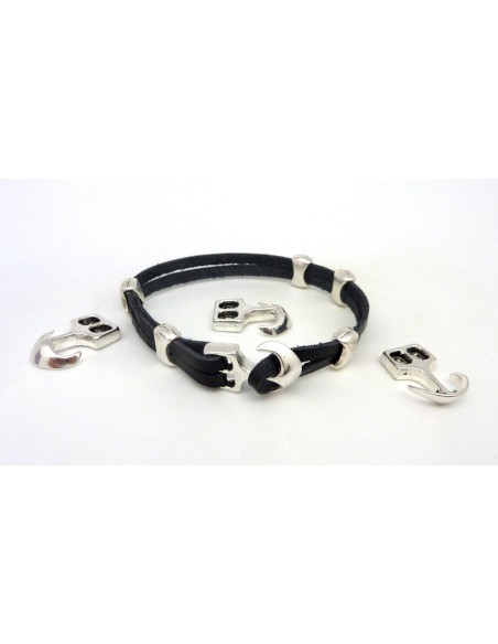 Fermoir crochet ancre bracelet multi rangs en métal argenté