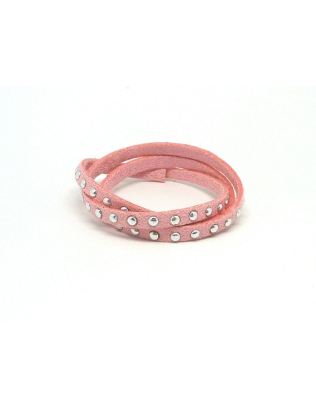 1m cordon de suédine cloutée rose pastel dragée pailleté et clou argent 4,5mm x 2mm - Aspetc daim