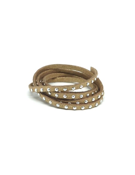 1m cordon de suédine cloutée beige pailleté et clou argent 4,5mm x 2mm - Aspetc daim