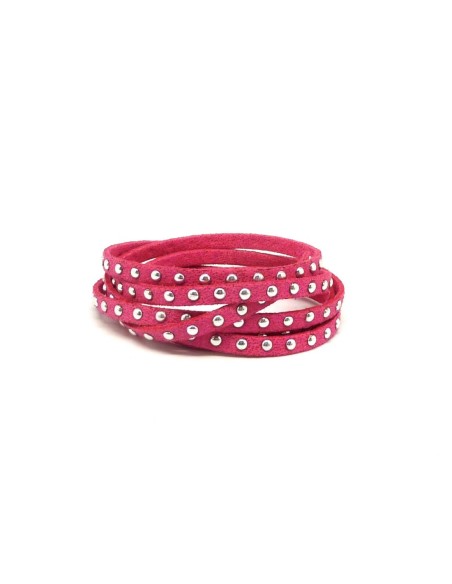 R-1m cordon de suédine cloutée rose fuchsia pailleté et clou argent 4,5mm x 2mm - Aspetc daim