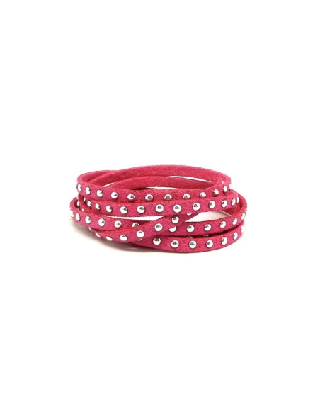 R-1m cordon de suédine cloutée rose fuchsia pailleté et clou argent 4,5mm x 2mm - Aspetc daim