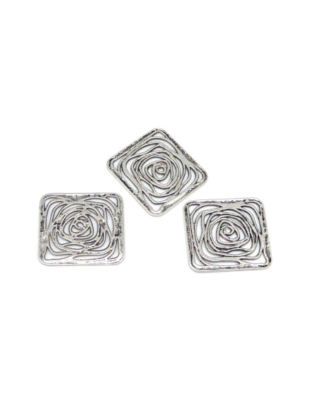R-3 Pendentifs estampe filigrane carré en métal argenté vieilli 31 x 29mm