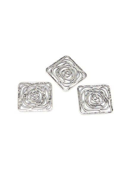 R-3 Pendentifs estampe filigrane carré en métal argenté vieilli 31 x 29mm