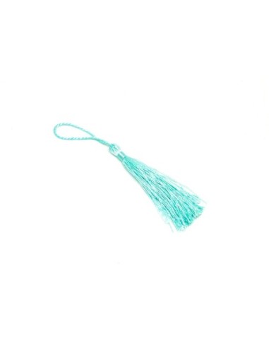Pompon, breloque en fil polyester 10-14cm de couleur bleu aigue marine opaline pastel brillant