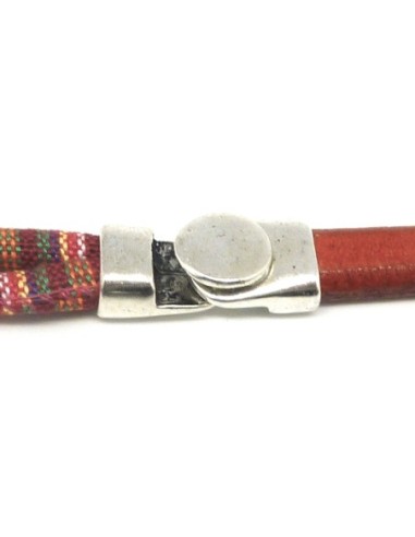 Fermoir crochet pastille bouton pour cuir regaliz ou 2 cordons de 6mm en métal argenté lisse - Lanière ethnique