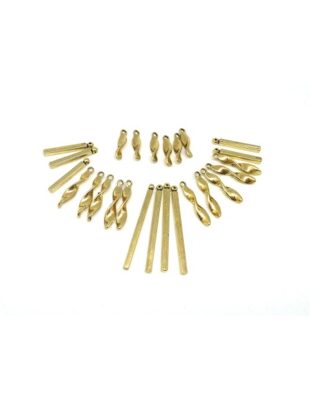 Lot de 25 breloques pendentif torsade et tige cubique assorties en métal doré pâle lisse idéal pour collier