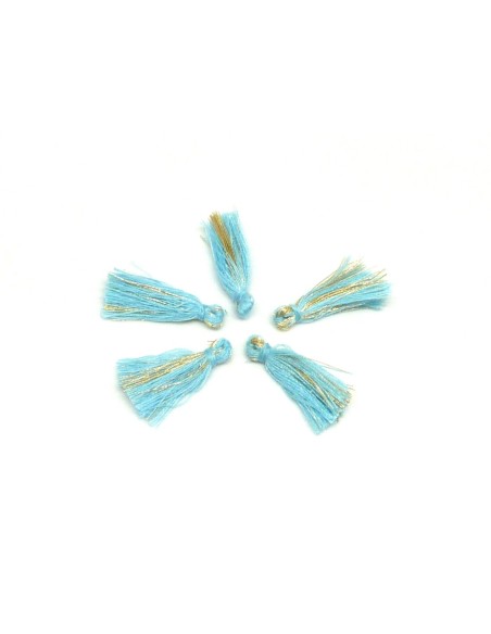 Lot de 5 Petits Pompons bleu dragée, bleu pâle et doré 2,5cm en polyester