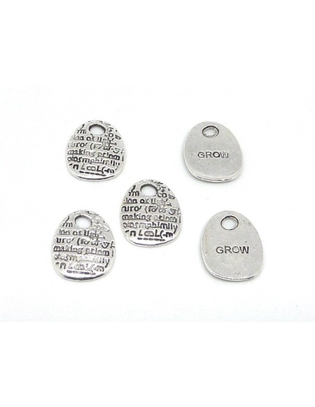 5 Breloques sequins plaque pampille "grow" en métal argenté 19,2mm