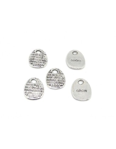 5 Breloques sequins plaque pampille "grow" en métal argenté 19,2mm
