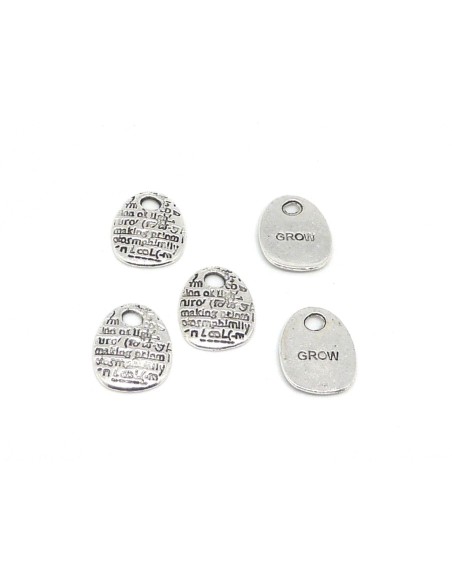 5 Breloques sequins plaque pampille "grow" en métal argenté 19,2mm