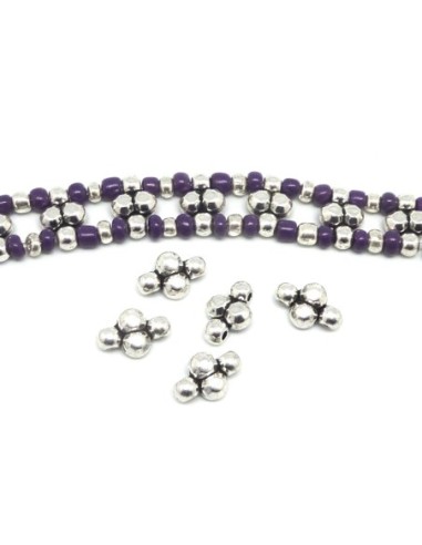 Lot de 10 Perles connecteurs 2 trous en métal argenté martelé