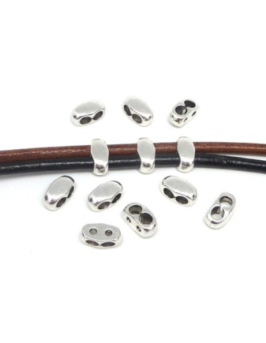 5 Perles passant "double trou" en métal argenté pour cordon de 4,5mm