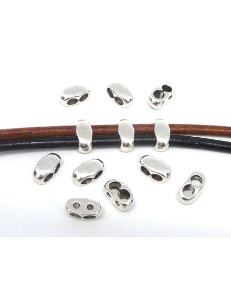 5 Perles passant "double trou" en métal argenté pour cordon de 4,5mm