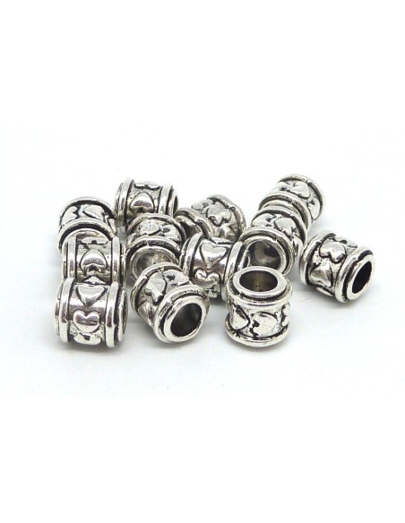 R-10 Perles tube gravé coeur, tonneau en métal argenté 8,6mm à gros trou 5mm