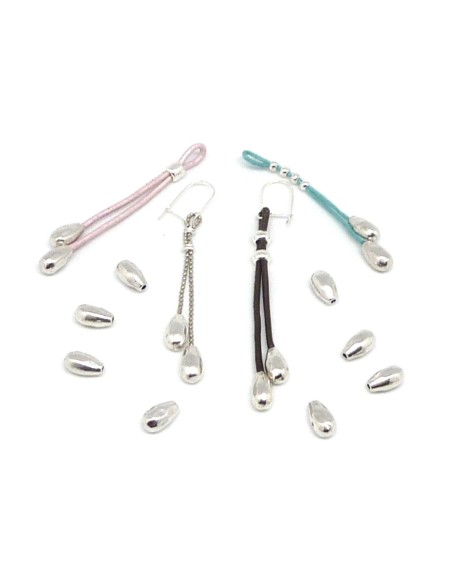 10 Perles embout de finition grain de riz martelé, goutte pour cordon de 1mm en métal argenté