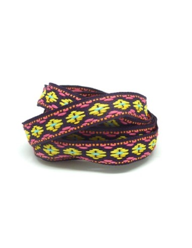 1m ruban ethnique tissé de largeur 12mm motif triangle AZTEQUE de couleur prune, jaune, rose