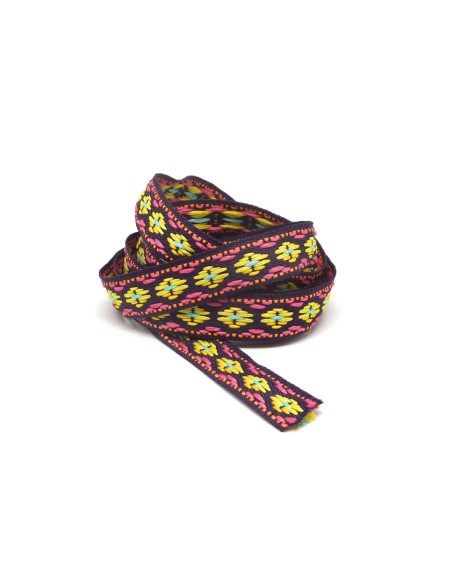 1m ruban ethnique tissé de largeur 12mm motif triangle AZTEQUE de couleur prune, jaune, rose