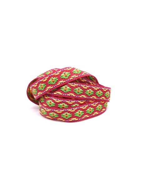 R-1m ruban ethnique tissé de largeur 12mm motif triangle AZTEQUE de couleur rose, vert, bleu