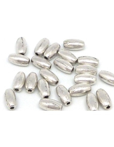 20 Perles grain de riz, ovale, olive en métal argenté lisse 7,6mm x 4mm
