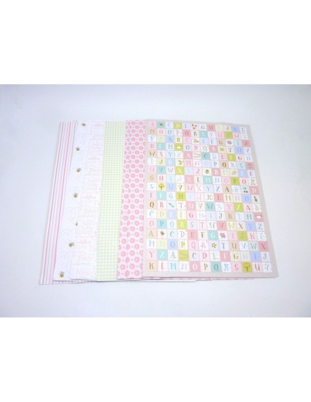 12 feuilles papiers fantaisies 160g/cm2 format A4 21cm x 29,7cm, alphabet, abeille, vichy, fleur, rayure